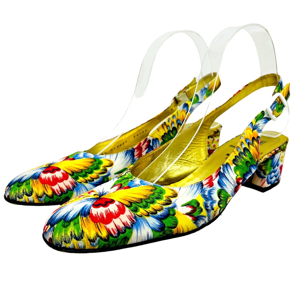 BRUNO MAGLI Vintage Floral Print Slingback Shoes Low Block Heel 9.5AAAA